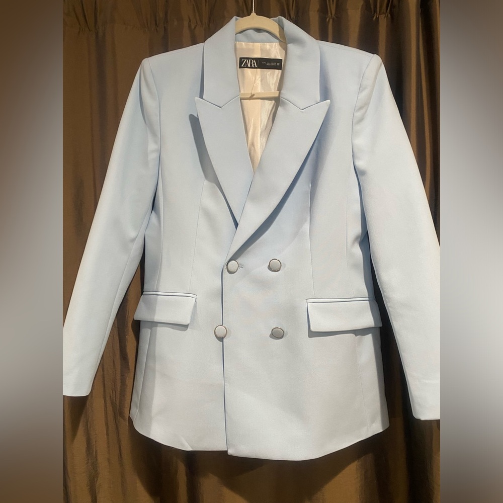 Zara Women's Sky Blue Double-Breasted Blazer/ Size Large